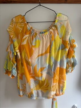 CeCe Yellow and Blue Floral Off-Shoulder Blouse
